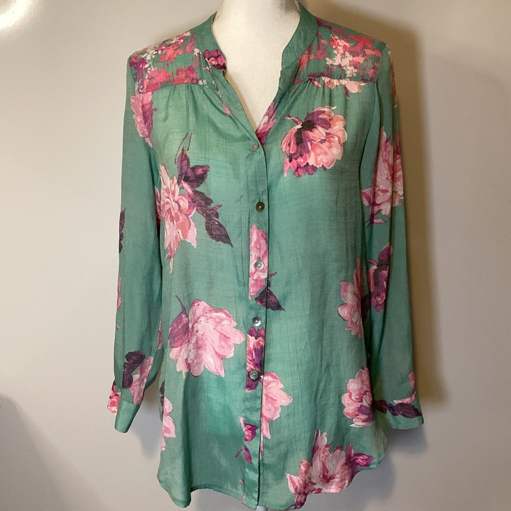 Fig and Flower Anthro STUNNING Floral Green & Pink Women's Sheer Blouse